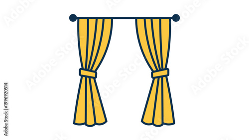 Yellow Window Curtain Vector Icon with Editable Stroke. Modern flat illustration of hanging drapes with tie-backs on a rod, perfect for interior design, home decor, and architectural graphics.