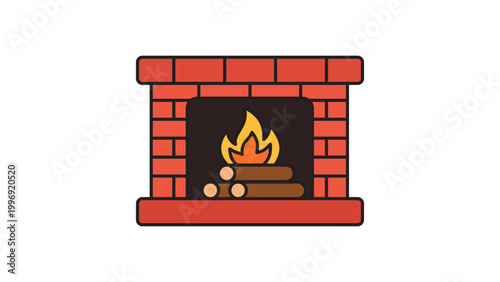 Modern Brick Fireplace with Burning Wood Logs and Flame, Flat Vector Icon with Editable Stroke, Minimalist Interior Design Element for Home Comfort and Winter Warmth, Scalable Illustration
