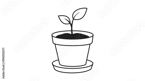Minimalist black line vector icon of a small seedling growing in a flower pot with a saucer. This clean, hand-drawn outline illustration features an editable stroke for easy customization.