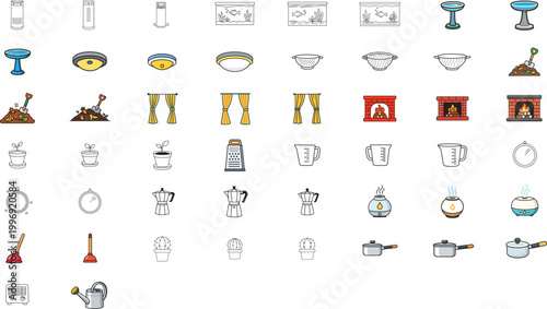 50 Home and Garden Vector Icon Set with Editable Stroke. Minimalist Line Art Collection of Kitchenware, Appliances, Decor, and Plants. Customizable Outline Bundle for Web and Graphic Design.