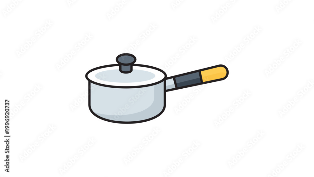 Obraz premium Modern Flat Vector Illustration of a Small Round Saucepan with Lid and Long Handle, Minimalist Kitchenware Icon for Cooking and Culinary Design, Editable Stroke Line Art Isolated on White Background