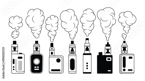 Collection of electronic cigarette devices with vapor clouds in keywords black and white line vape e-cigarette