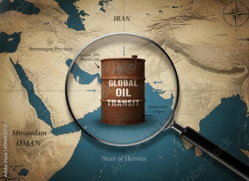 Magnifying glass over map of strait of hormuz with oil barrel
