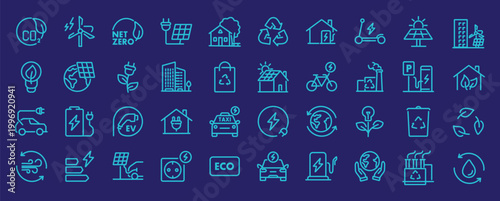 Green city web icons in line style. Green energy, autonomous building, efficient, environment, recycle technology, renewable solar, collection. Vector illustration. 