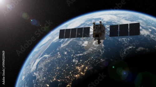 Satellite orbiting above Earth at night, realistic 3D space exploration motion graphic animation, cinematic view of planet with city lights and solar panels