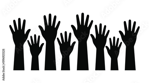 Diverse group of keywords black silhouette hands raised in unison against a white background