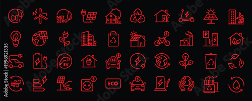 Green city web icons in line style. Green energy, autonomous building, efficient, environment, recycle technology, renewable solar, collection. Vector illustration. 