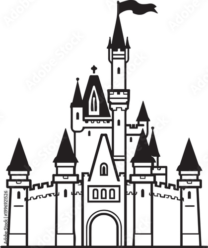 A majestic castle stands tall, a symbol of fairy tales and medieval grandeur, its silhouette dominating the scene against an idealized backdrop. 