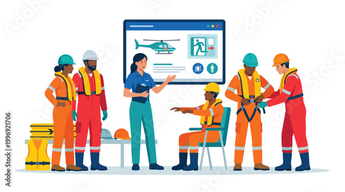 Oil Industry Safety Training Illustration Diverse Workers Learning Emergency Procedures and Equipment Use