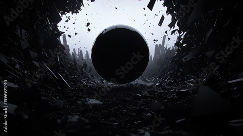 A black sphere is suspended in mid-air, surrounded by a chaotic scene of shattered glass and debris.