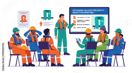 Offshore Helicopter Safety Induction Briefing with Diverse Workers Illustration Vector Graphic for Industry Training