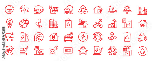 Green city web icons in line style. Green energy, autonomous building, efficient, environment, recycle technology, renewable solar, collection. Vector illustration. 