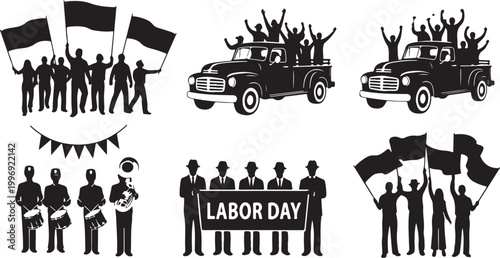 Labor Day, protest signs, black silhouettes, vector icons, demonstration graphics, parade illustrations isolated on Transparent Background