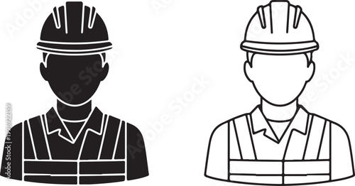 Construction worker icons, laborer silhouettes, hard hat avatars, industrial worker profiles isolated on Transparent Background