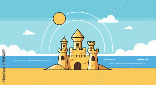 A pixelated sandcastle with towers stands on a beach under a sunny sky