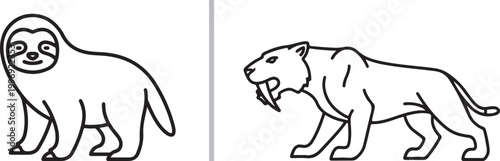Minimalist line art vector illustration of a sloth and a saber-toothed tiger isolated on white background