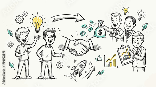 Handshake business deal between entrepreneurs and investors illustration.
