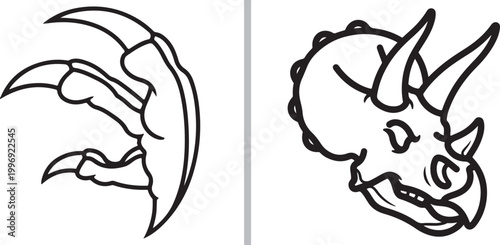 Dinosaur claw talon and triceratops skull head line art vector illustration isolated on white background
