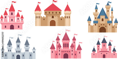 Fantasy castle collection set, medieval fairytale palaces towers, cartoon architecture vector illustration isolated design