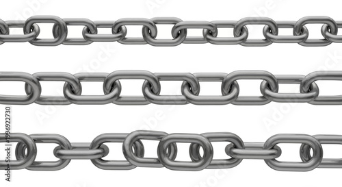 Metallic silver chain links set, realistic steel metal chains on white background, industrial iron link borders for security and strength concepts