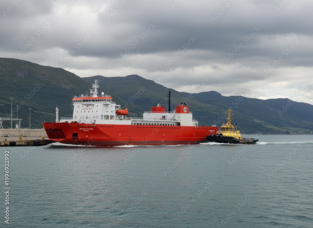 Fototapeta premium Red ferry ship being assisted by a yellow tugboat in a fjord