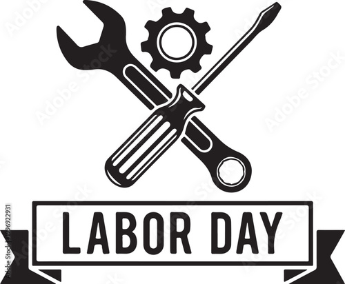 Labor Day, work tools, crossed wrench and screwdriver, gear icon, black vector graphic isolated on Transparent Background