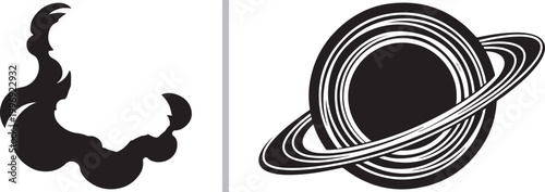 Minimalist black silhouettes of a planet with rings and a stylized cloud isolated on white background vector