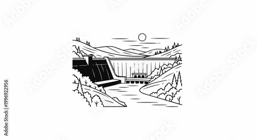A linocut-style illustration of a large dam impounding a river, surrounded by hills and trees