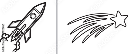Rocket ship launching and shooting star vector line art icons isolated on white background