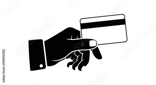 Black silhouette hand holding credit card, minimalist bank card payment icon, person paying with plastic debit card vector illustration