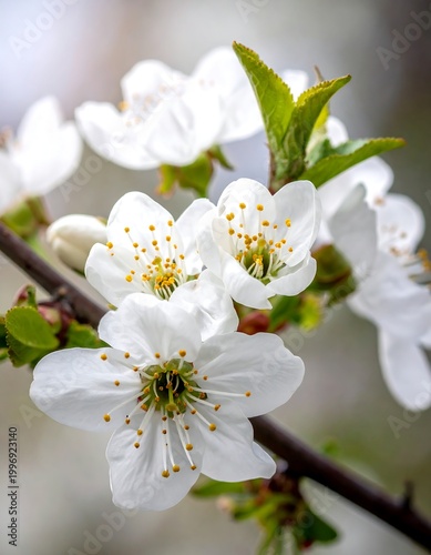Close-up of delicate white blossoms blooming on a branch with green leaves and tiny yellow details. Soft focus on the background