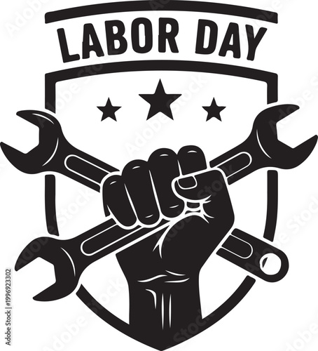 Labor Day, Fist with Wrenches, Black and White Vector Icon, Shield Emblem isolated on Transparent Background