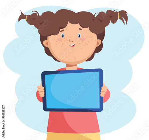 Young girl holding a tablet computer with blank screen, female character showing digital device, technology and education concept, flat vector illustration.