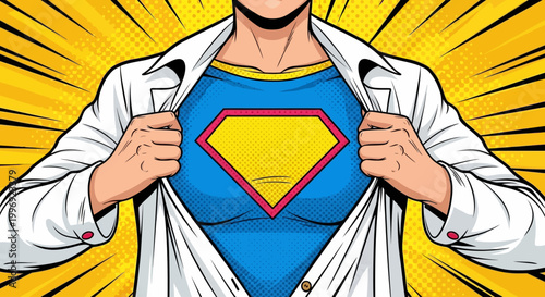 Pop art superhero doctor opening white lab coat, medical professional hero with hidden costume, comic book style physician reveal