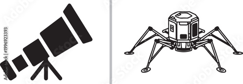 Astronomy and space exploration vector icons featuring a telescope silhouette and lunar lander isolated on white background