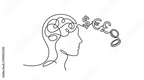 Continuous line art of a human head thinking about money and financial symbols.