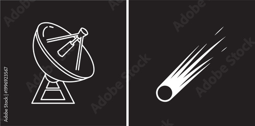 Minimalist white line art vector icons of a satellite dish and a falling comet isolated on black background