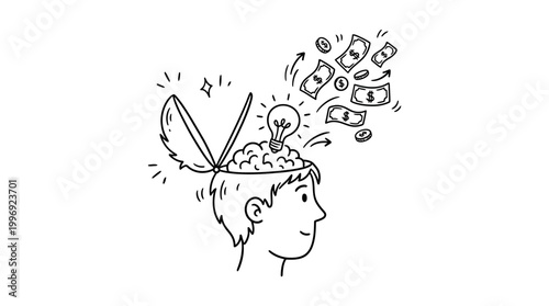Doodle illustration of a man thinking about money and business ideas.