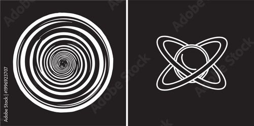 Minimalist white spiral vortex and stylized planetary atom orbit icons isolated on black background vector illustration