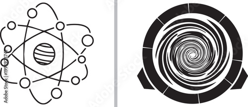 Scientific atom model and abstract spiral vortex vector icons isolated on white background