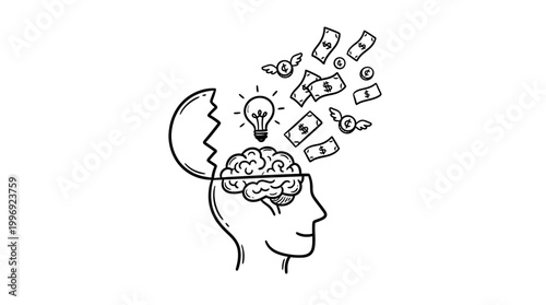 Hand drawn illustration of a human head with an open top and floating money and lightbulb.
