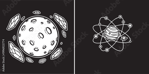 Minimalist white line art space icons of a cratered moon and atomic planet isolated on black background