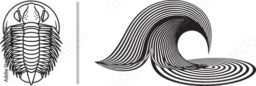 Minimalist trilobite fossil and stylized geometric ocean wave vector illustration isolated on white background