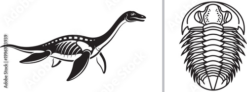 Plesiosaur and trilobite prehistoric marine animal vector illustrations isolated on white background