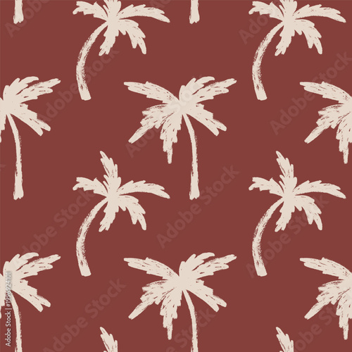 White Grunge Palm Trees Silhouettes Pattern on Brown Background. Tropical seamless pattern, summer textile vector design with palm trees. Hand drawn brush stroke palm trees pattern.