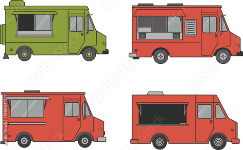 Food truck side views set, mobile vendor vehicles, street food vector illustration collection
