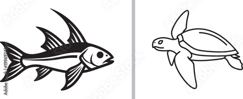 Minimalist black and white vector illustration of a fish and sea turtle isolated on white background