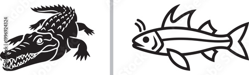 Crocodile and fish black and white vector illustrations isolated on white background