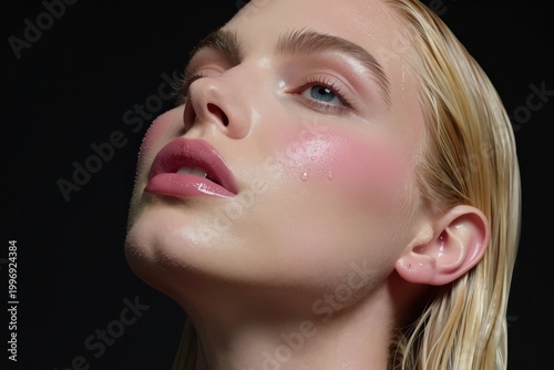 Beautiful woman with blonde hair looks upward with glossy skin. Female model face portrait features wet skin and pink makeup. Attractive lady shows glossy lips and wet hair texture.