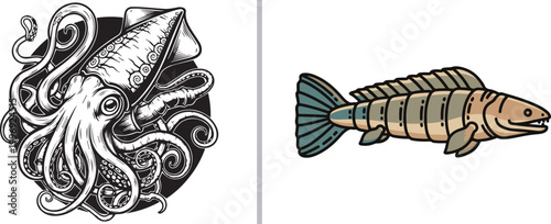 Detailed kraken squid engraving and stylized prehistoric fish vector illustration isolated on white background